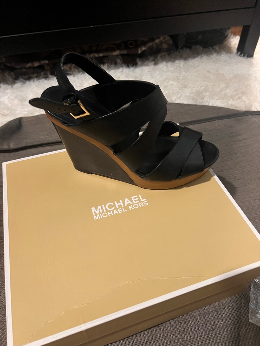 Michael Kors Black Leather Crisscross Wedge Sandals